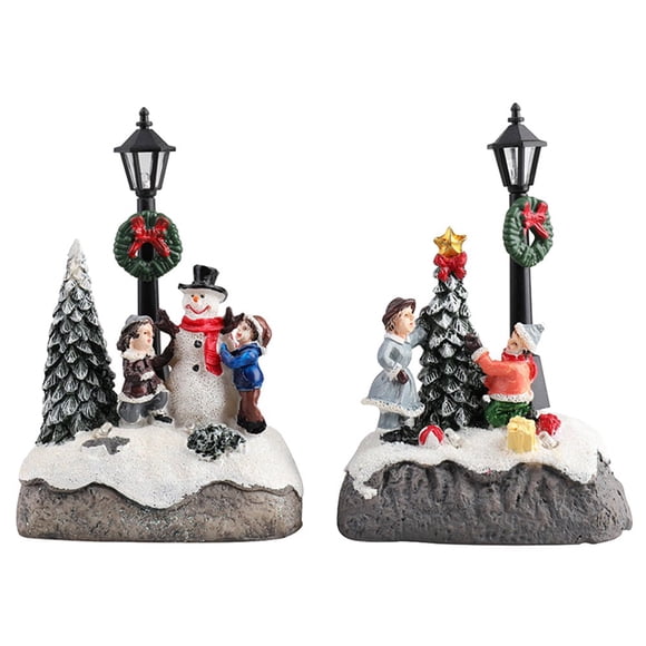 JUNWELL Christmas Village Santa Figurine Statue Tree Fireplace Centerpieces Table Small Figurines Scene Street Lamphouses Town