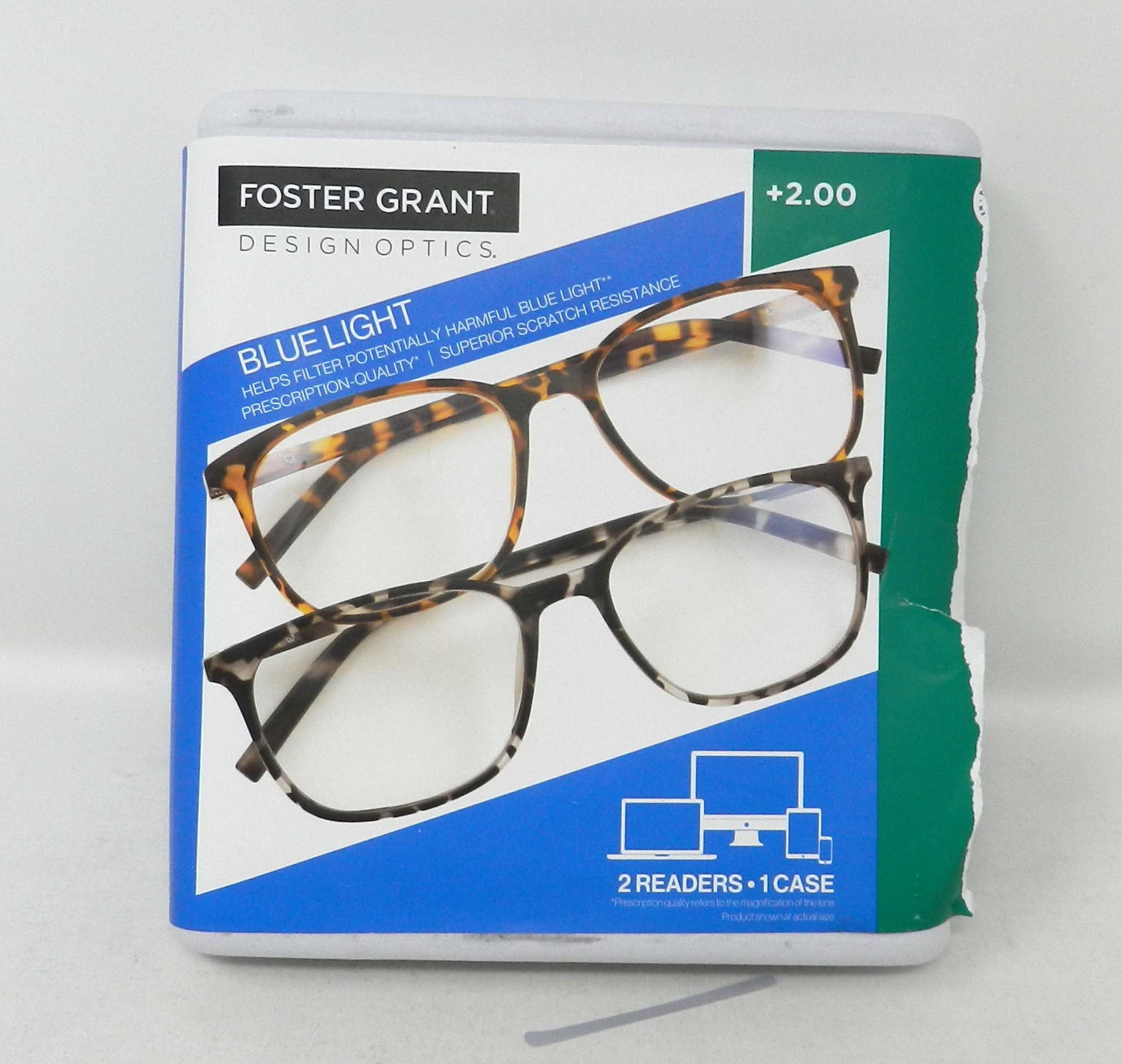 Design Optics By Foster Grant Eric Blue Light +2.00 Reading Glasses 2 Pack