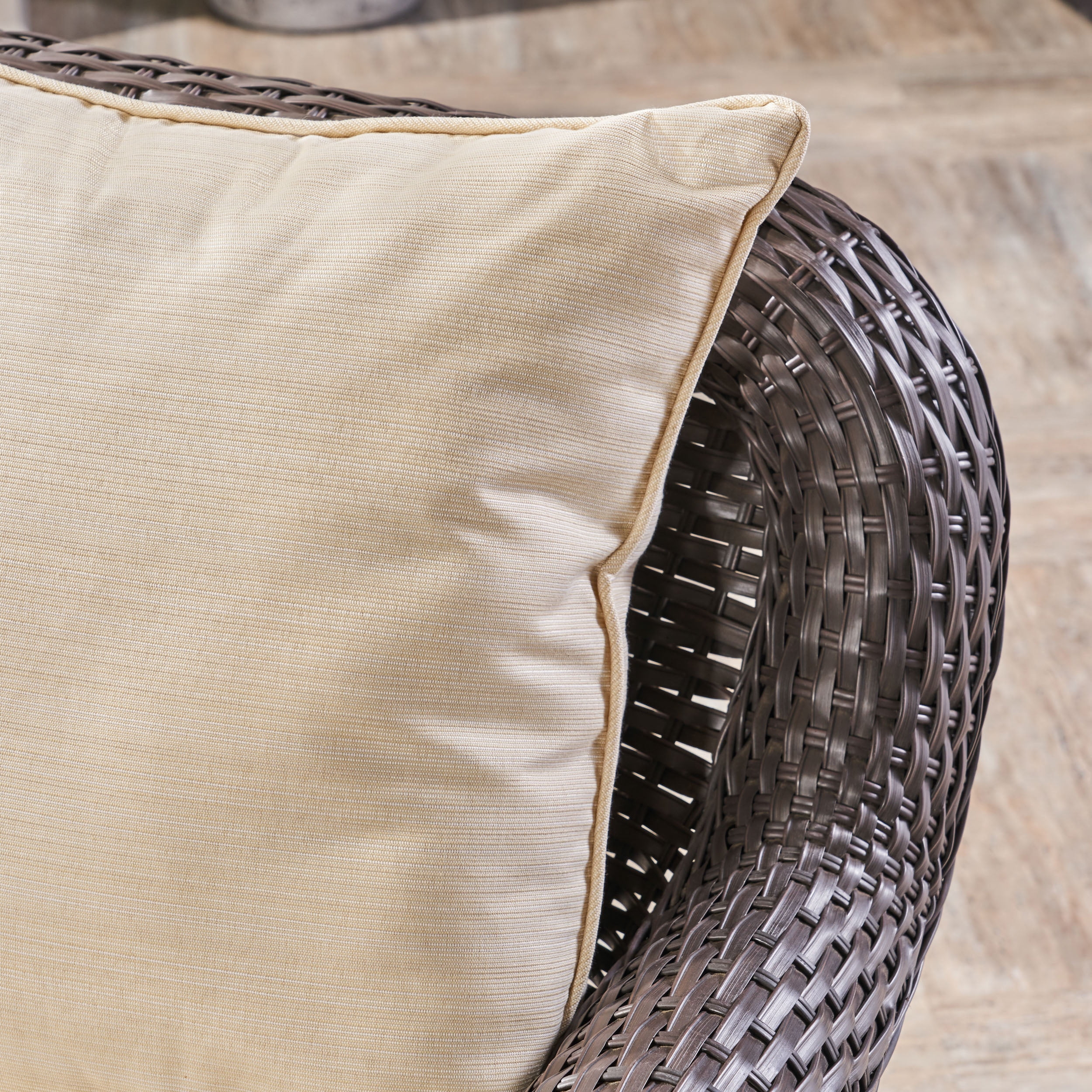 O'Neal Outdoor 5 Piece Swivel Wicker Club Chair Set with cushions and Round Fire Pit, Dark Brown, Beige, Dark Gray