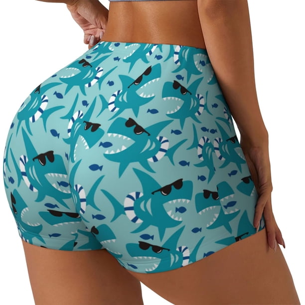 Fotbe Shark Wearing Sunglasses Shorts Sin Costuras – Shorts Deportivos de Cintura Alta para Mujer, Elásticos para Gimnasio, Yoga, Running o Ciclismo-Medium