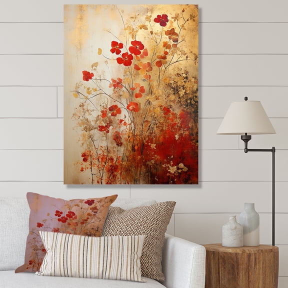 Designart "Floral Japanese Tiles in Gold and Red I" Floral Canvas Wall Art - Modern Red Abstract Botanicals Hallway Wall Art Decor