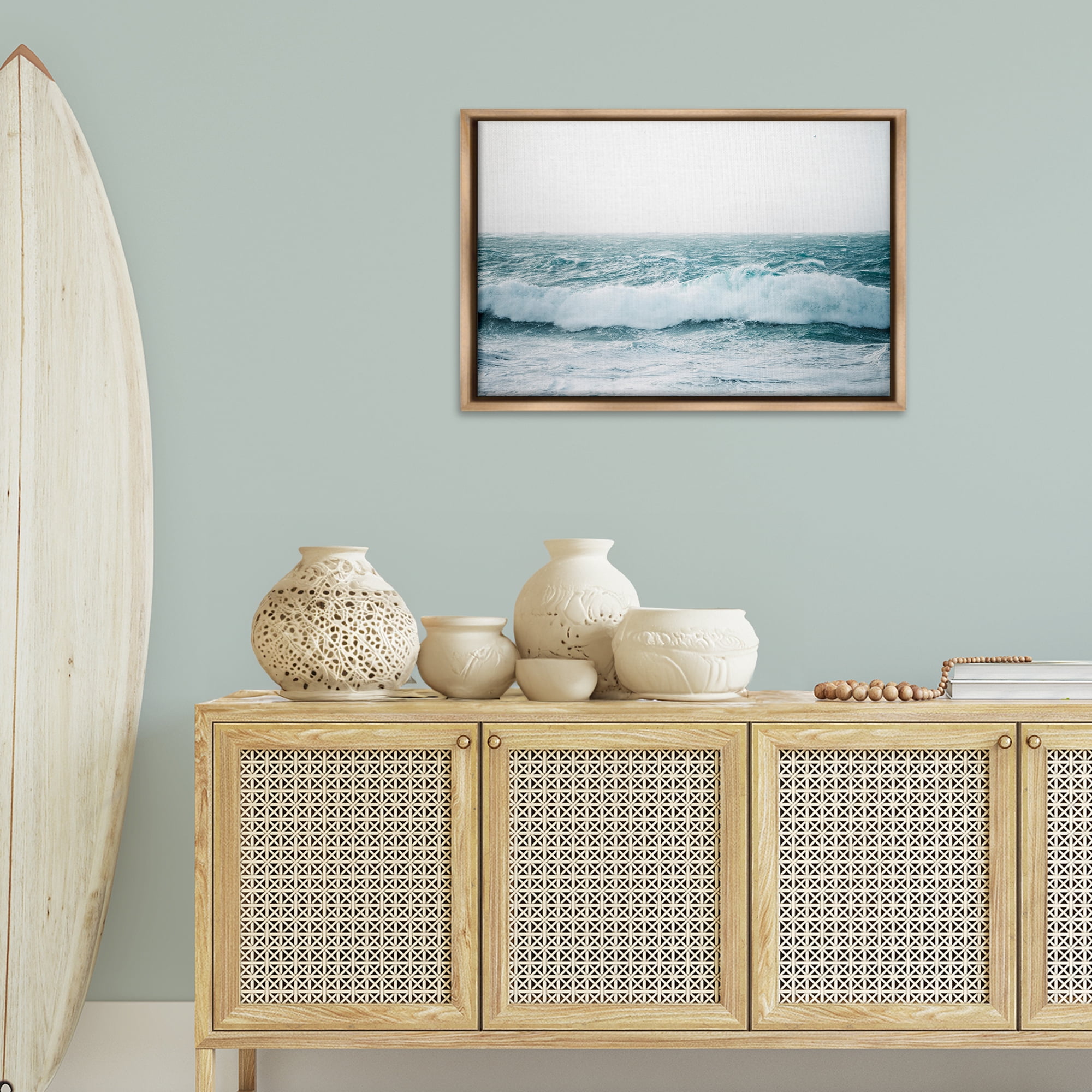 Stupell Industries Beach Waves Horizon Landscape & Nature Photography Brown Floater Framed Canvas Art Print Wall Art, 31 x 21