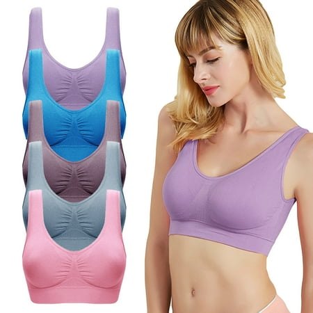 

qucoqpe 5 Pack Sports Bras for Women Seamless Wire-Free Comfort Workout Sports Bra Low-Impact Activity Sleep Bras