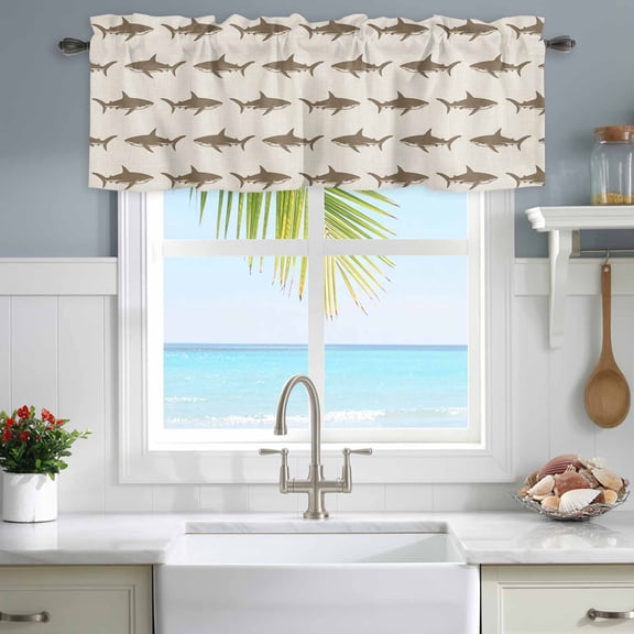 Valances for Windows Vintage Brown Shark on Woven Texture Rod Pocket Short Curtain for Bathroom Living Room Bedroom Marine Life 1 Panel 54x18in