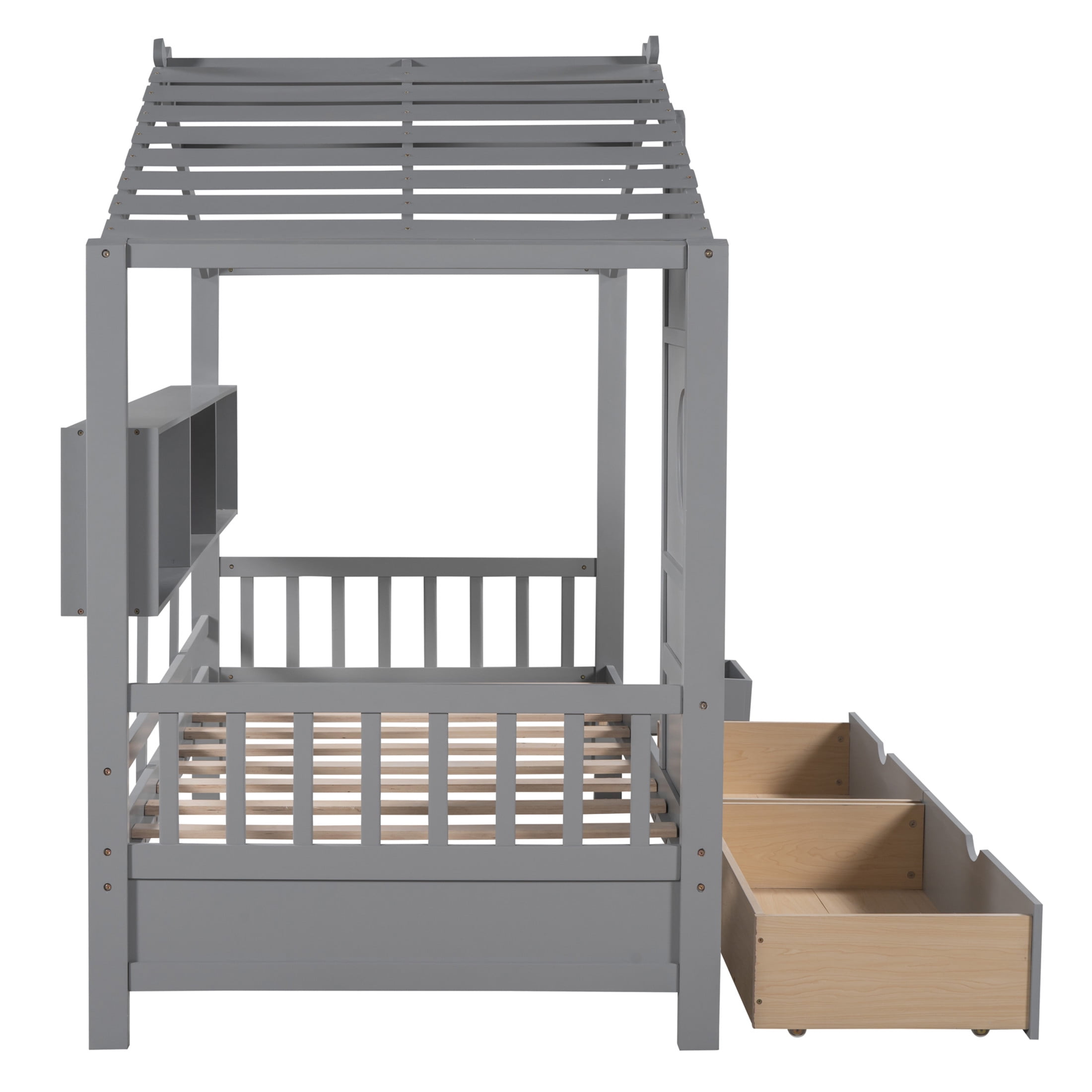 Noble House Wooden Twin Size House Bed with 2 Drawers,Kids Bed with Storage Shelf, Gray
