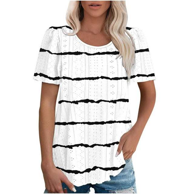 Plebaso T-shirts à Oeillets pour Femmes, Rayés, Manches Courtes, Décontractés, Col Ras du Cou, Mode Été, Chemisiers, Hauts