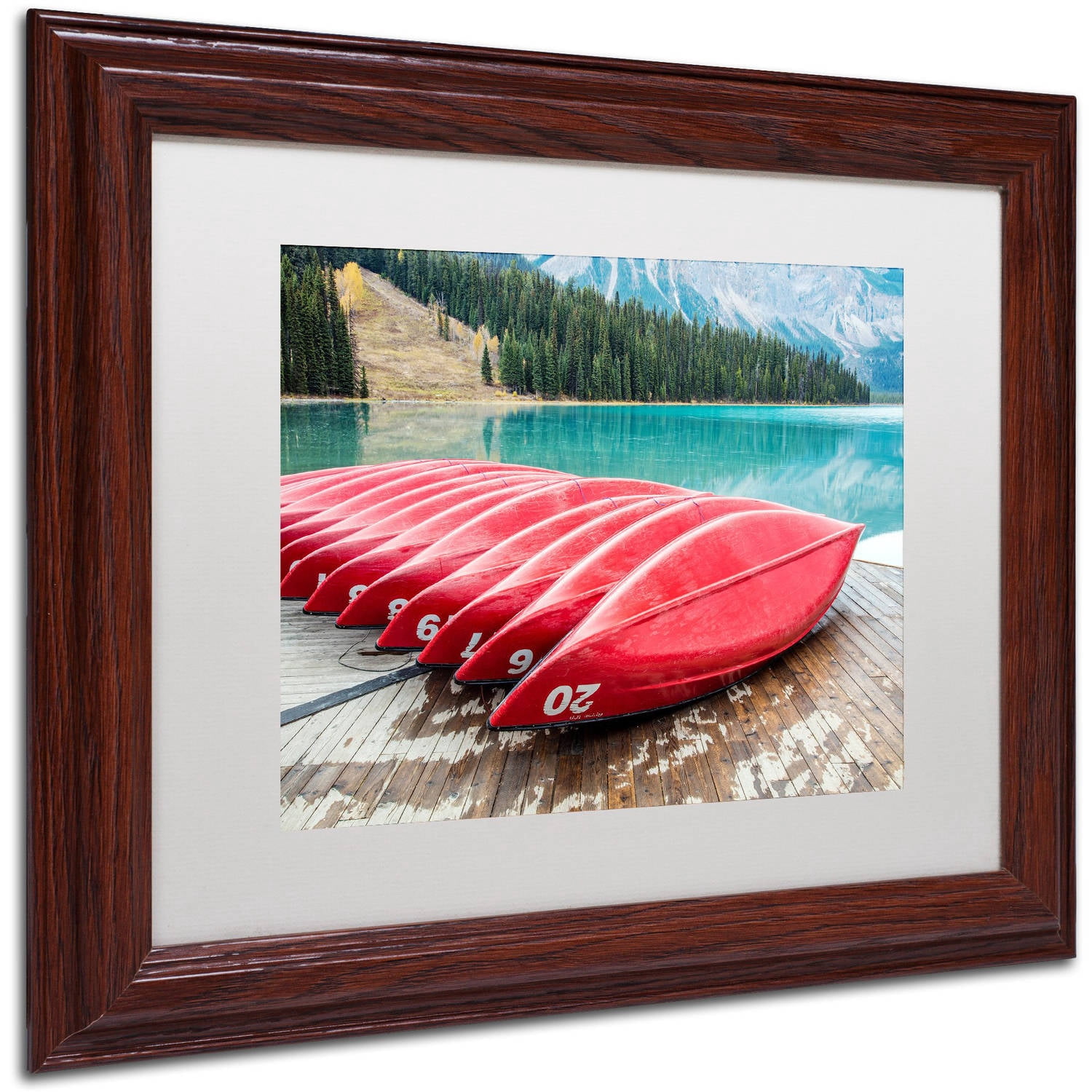 Trademark Fine Art 'Red Canoes of Emerald Lake' Canvas Art by Pierre Leclerc, White Matte, Wood Frame