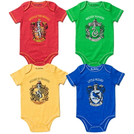 

Harry Potter Gryffindor Hufflepuff Ravenclaw Slytherin Infant Baby Boys 4 Pack Bodysuits 18 Months