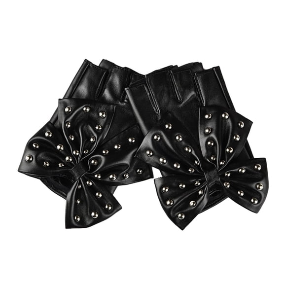 lanema PU Half Finger Gloves With Rivet Studded Bowknot Decors Punk Gloves For Youth Women Music Festival Parties