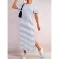 thumbnail image 5 of Women'S Crew Neck Short Sleeve All-over Striped Side Split Loose Midi Casual Dress Blue & White. L, 5 of 7