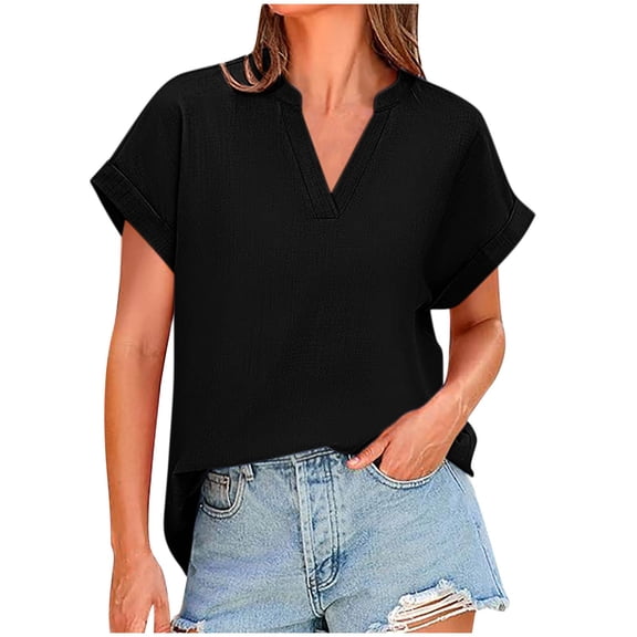 Summer Plus Size Tops for Womens Fashion Short Sleeve Casual Flax V-Neck Solid Color Loose Fashion For Women