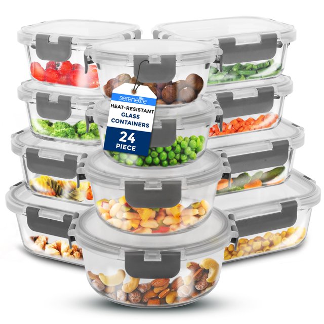 Juego de recipientes de vidrio para almacenamiento de alimentos SereneLife de 24 piezas, color gris