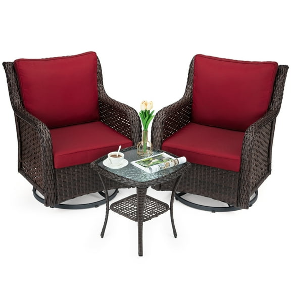 AOILE 3-Piece Rattan Swivel Rocking Chair Outdoor Set, Patio Bistro Furniture with Cushions and Table