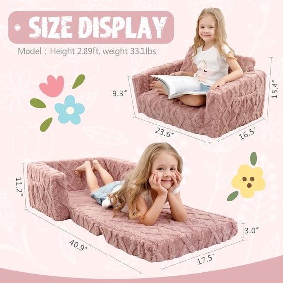 Pink Toddler Couch – 2-in-1 Kids Sofa and Lounger, Flip Open Fold Out Couch, Soft Flannel Chair for Girls, No Assembly Required
