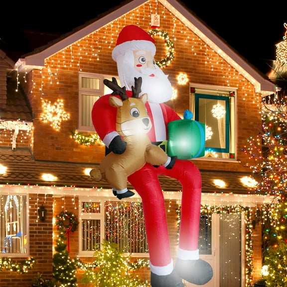 9.5Ft Christmas Inflatable Outdoor Decoration Giant Sitting Santa Claus Christmas Inflatables with LED Lights Climbing Santa Inflatable Blow Up Yard Decorations for Xmas Roof Eaves Lawn Shrubs