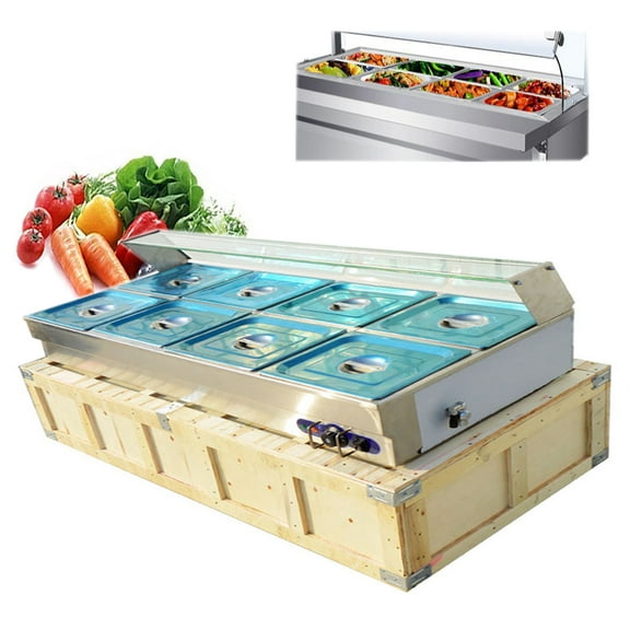 TECHTONGDA Buffet Food Warmer Stainless Steel Bain Marie Buffet Countertop 8 Pan Electric Steam Heater 6"Deep with Glass Shield