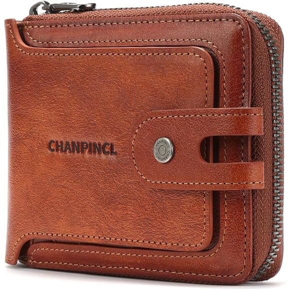 CHANPINCL Cartera de Cuero Genuino para Hombre con RFID y Zíper, Gran Capacidad para Licenciar el Conducir, Bolsillo Multifuncional para Monedas (Marrón Amarillento)