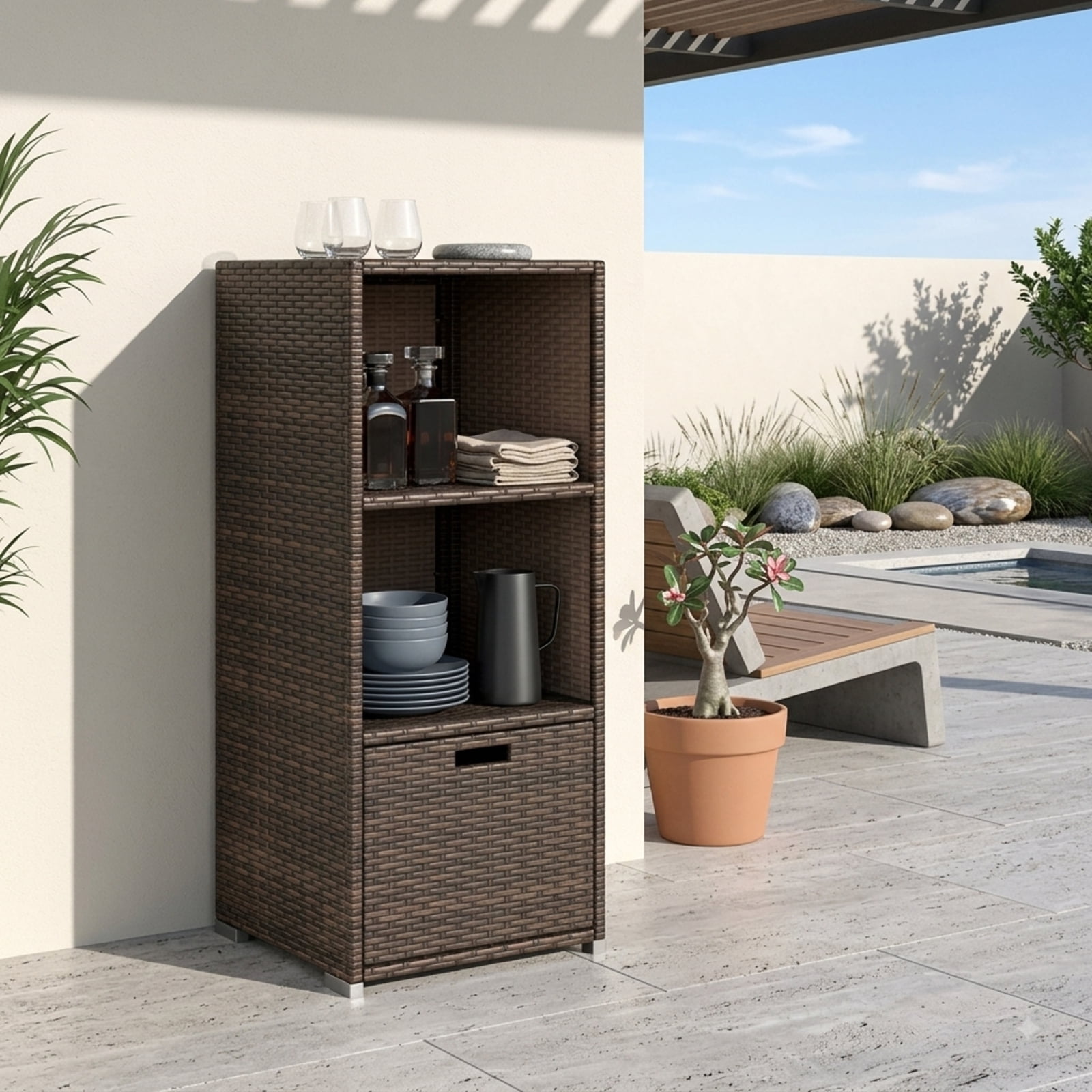 Biotree Outdoor Storage Cabinet with Drawer and 3 Shelves for Patio Porch Poolside Backyard, Brown