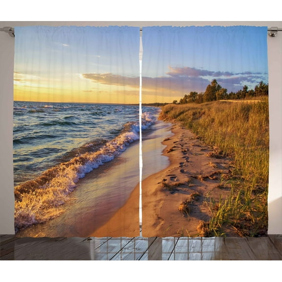 Ambesonne Coastal Curtains 2 Panel Set, Sandy Calm Beach Sunset, 108" x 84", Pale Yellow Pale Brown