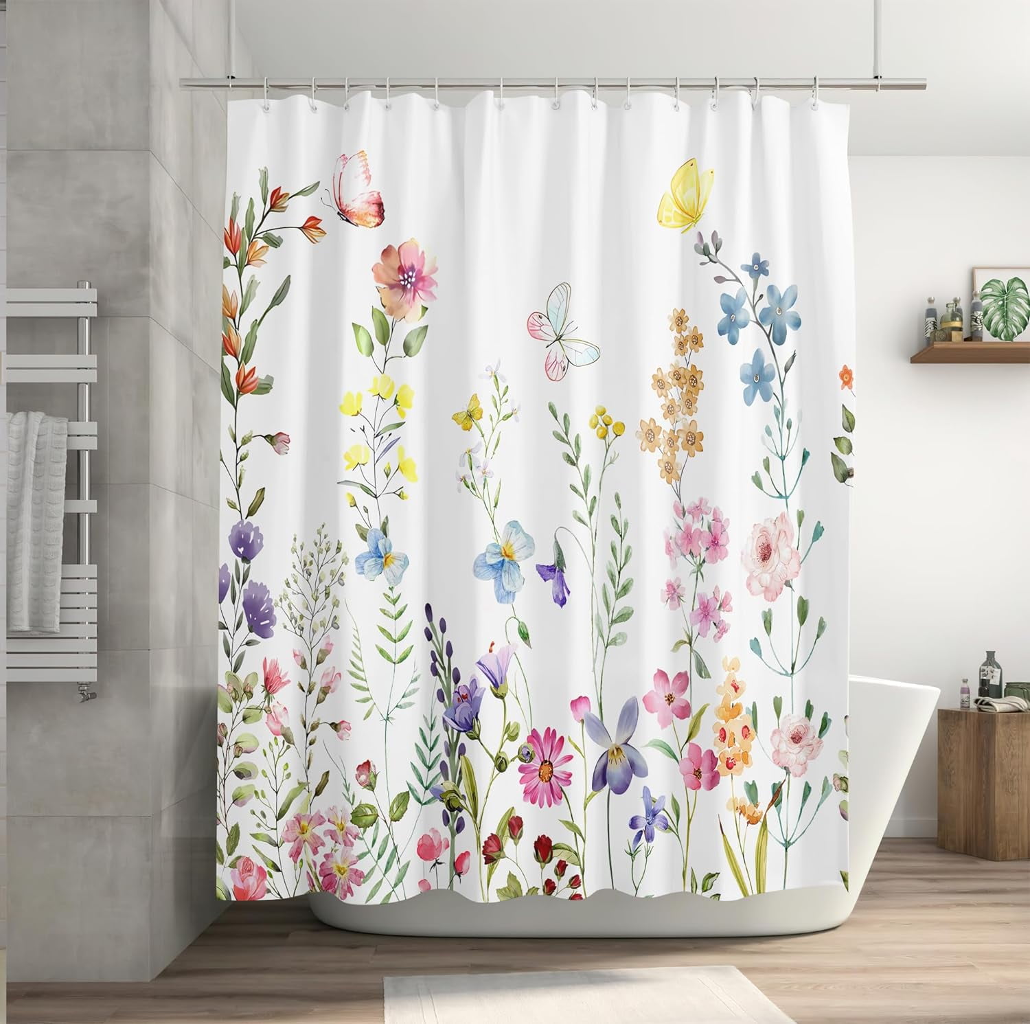 Extra Long Colorful Floral Butterfly Shower Curtain 72 x 84 Inch, Botanical Flower Shower Curtain for Bathroom Decor, Waterproof Fabric Wildflower Shower Curtain with Hooks