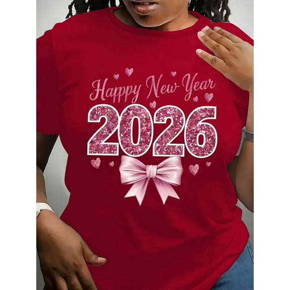 2026 Celebration Pattern Print Top - Plus Size Women's Oversized 2026 New Year T-Shirt - Pink Happy New Year 2026 Print with Hearts & Bows - Casual Short Sleeve Round Neck - Party Outfit