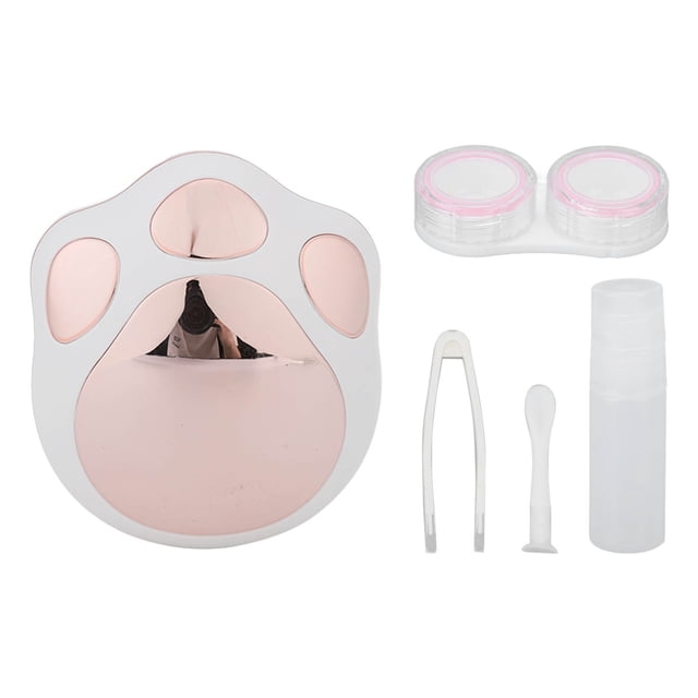 Estuche para lentes de contacto con aspecto de espejo, diseño de pata de dibujos animados, material plástico, ligero, portátil, para viajes, color rosa