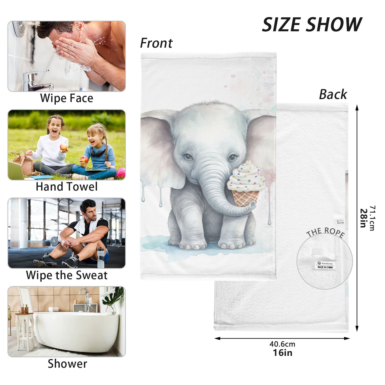 Elephant Ice Cream Hand Towel Bath Towels Face Towels Cotton Absorbent for Home Hotel Spa Swimming Yoga Sports Decorative Towel Set of 2