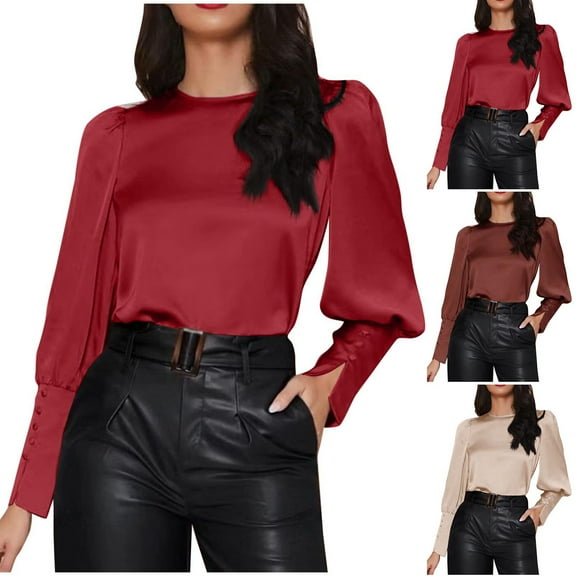 DDAPJ pyju Business Casual Tops for Women Stain Silk Blouse Lantern Long Sleeve Crewneck Shirts Ofertas Prime Coffee S