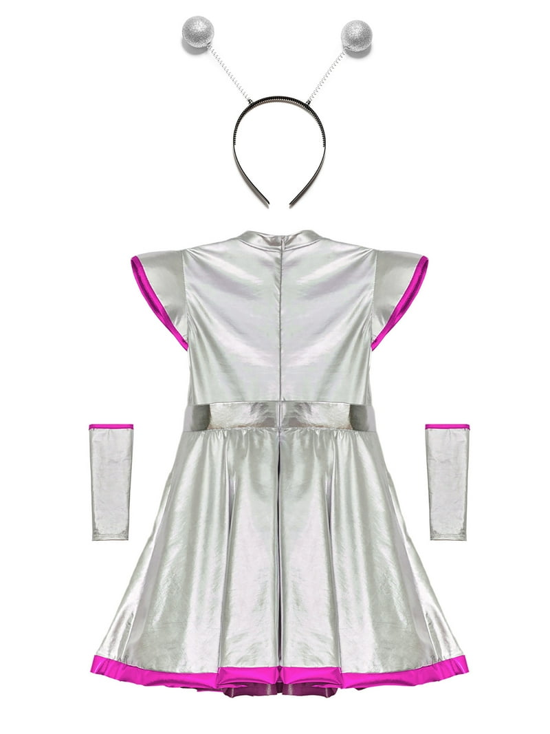 Yruioon Dames Alien kostuum Space Girl jurk met tule rok glanzende metallic jurk heelal astronauten kostuum Halloween carnaval party outfits A zilver XXL