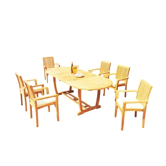 Grade-A Teak Dining Set: 6 Seater 7 Pc: 94" Mas Oval Trestle Leg Table And 6 Lua Stacking Arm Chairs Outdoor Patio WholesaleTeak #51LU2307