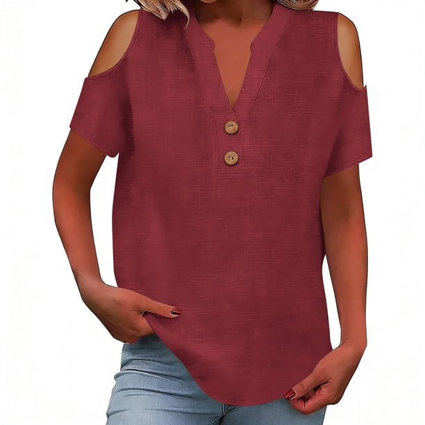 Loose Off The Shoulder Tops For Women Color Sólido Cuello en V Linen Feel Camiseta de Manga Corta, Tops de Lino para Mujeres Loose Fit Verano
