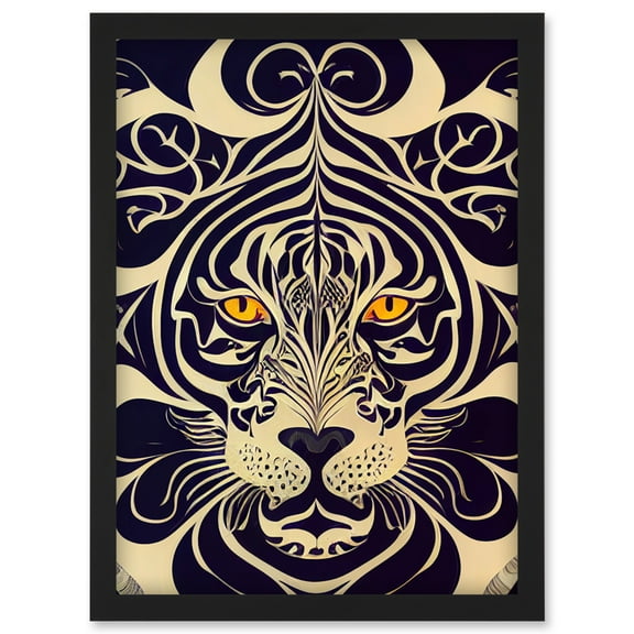 Symmetrical Illustration Of Tiger Face With Yellow Eyes Black And Cream Stripes Artwork Framed Wall Art Print A4