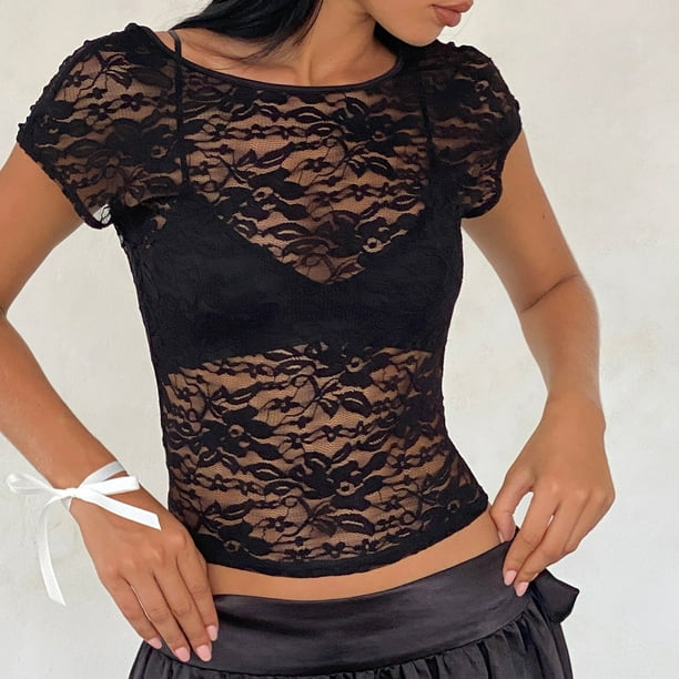 Gupgi Women Black Sheer Lace Top See Through Cover up Short Sleeve
