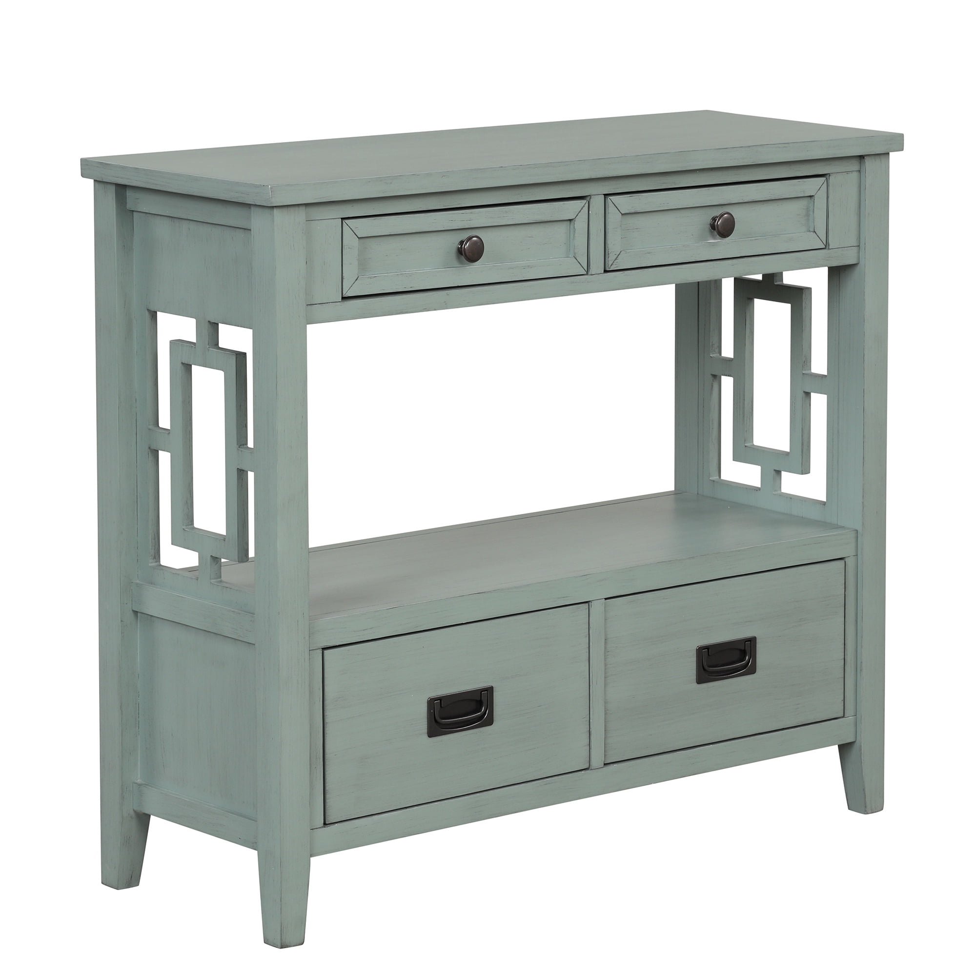 PORKISS Farmhouse Solid Wood Console Table, Entryway Table Hallway Table with 4 Drawers 1 Storage Shelf, Sofa Table for Living Room, Foyer, Retro Blue
