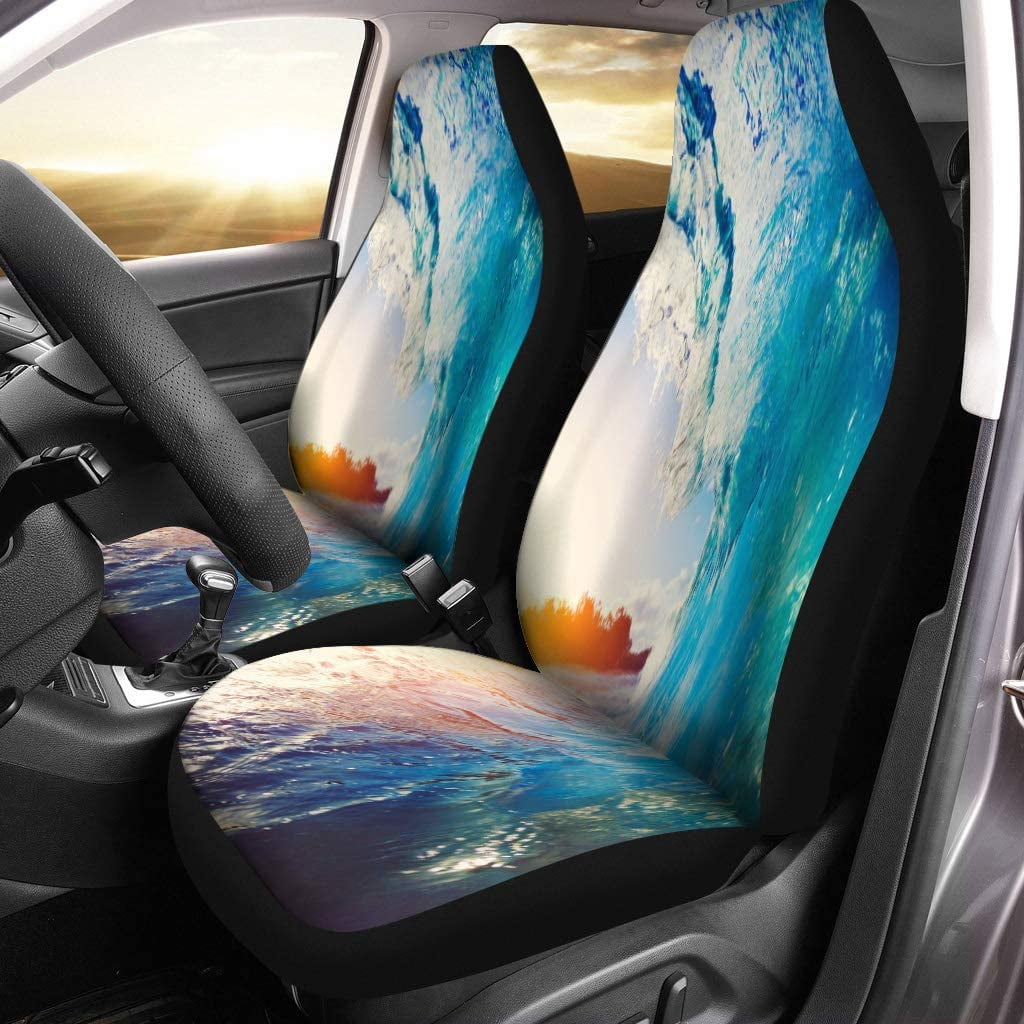 KXMDXA Set of 2 Car Seat Covers Beach Blue Ocean Wave Crashing at