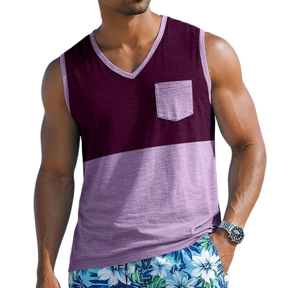 Men's Two-Tone V-Neck Sleeveless Pocket Tank Top, Casual Gym & Daily Wear Sleeveless Shirt Dark Purple XL