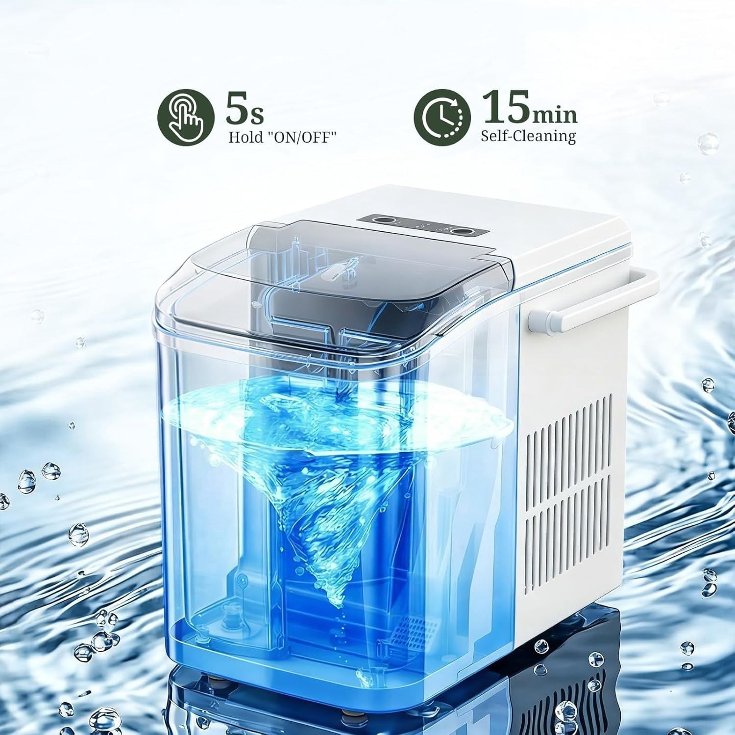 Ice Maker, Portable Ice Makers Countertop with Handle, Basket & Scoop, 26Lbs/24Hrs, 9 Bullet Ice Cubes in 6 Mins, 2 Ice Sizes, Self-Cleaning, Quiet Compact Ice Machine for Home Kitchen Party, White