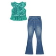 thumbnail image 5 of inlzdz Girls Flare Outfits Sparkle Ruffle Sleeve Dance Crop Top with Flared Jeans Denim Pants Set Lake Green 16, 5 of 6