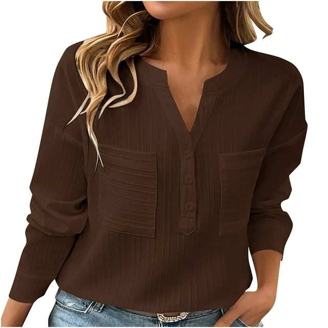 Timegard Womens Tops V-Neck Button Long Sleeve Comfy Tee Shirts Dressy Casual Loose Tops with Pockets