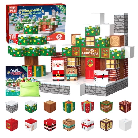 Magnetic Blocks 150PCS Magnetic Building Block Cubes STEM Montessori Sensory Toys for Kids Boys Girls Ages 3 4 5 6 7 8 9 10 (Christmas Version)