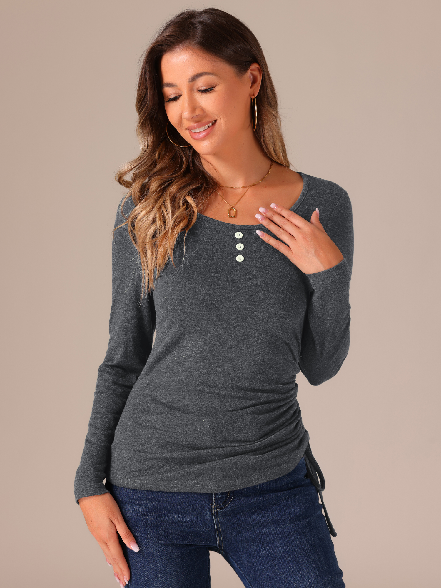 DARING DIVA Women's Scoop Neck Button Ruched Drawstring Tops L Grey