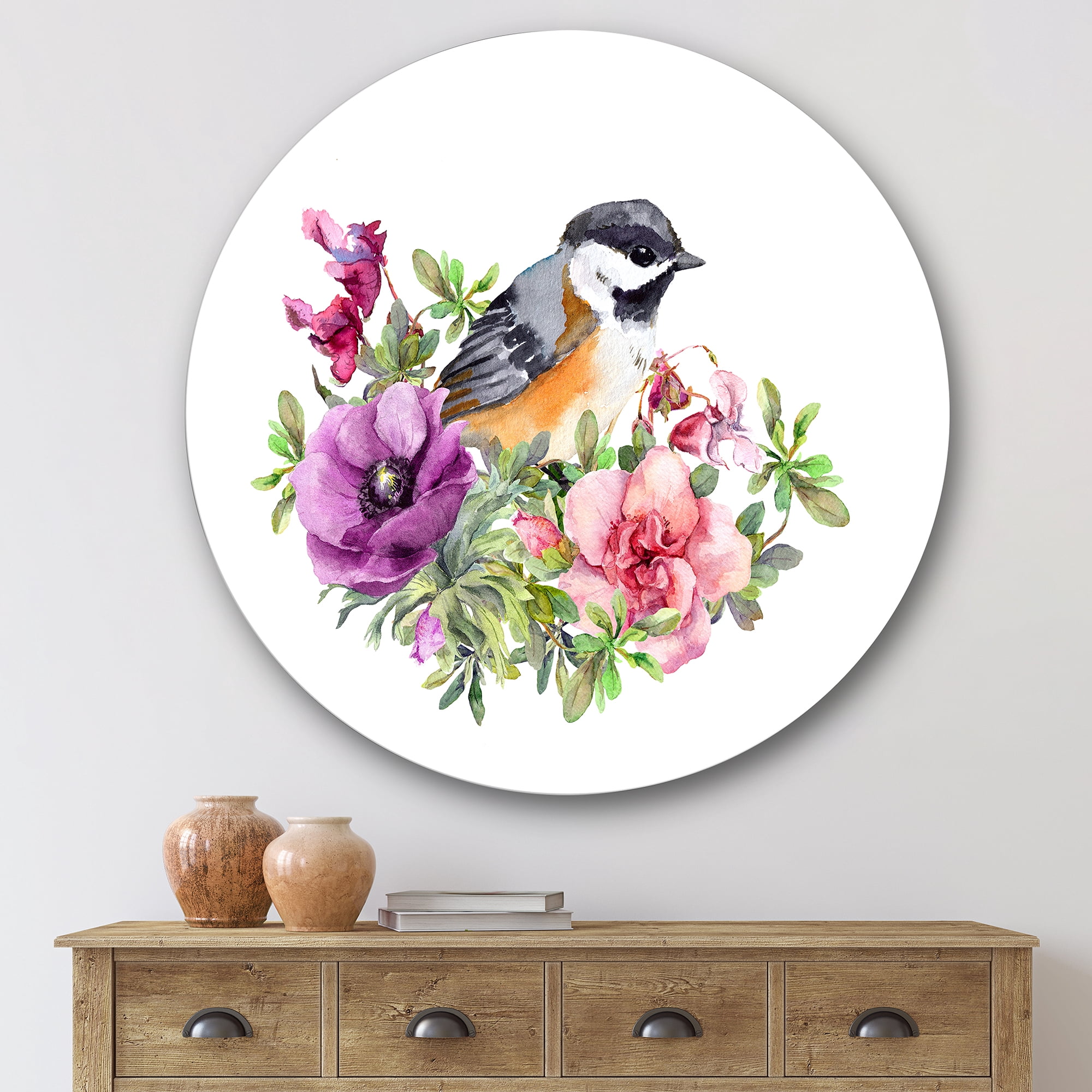 Designart 'Cute Bird In Purple and Pink Flowers' Traditional Circle Metal Wall Art 36x36 - Disc of 36