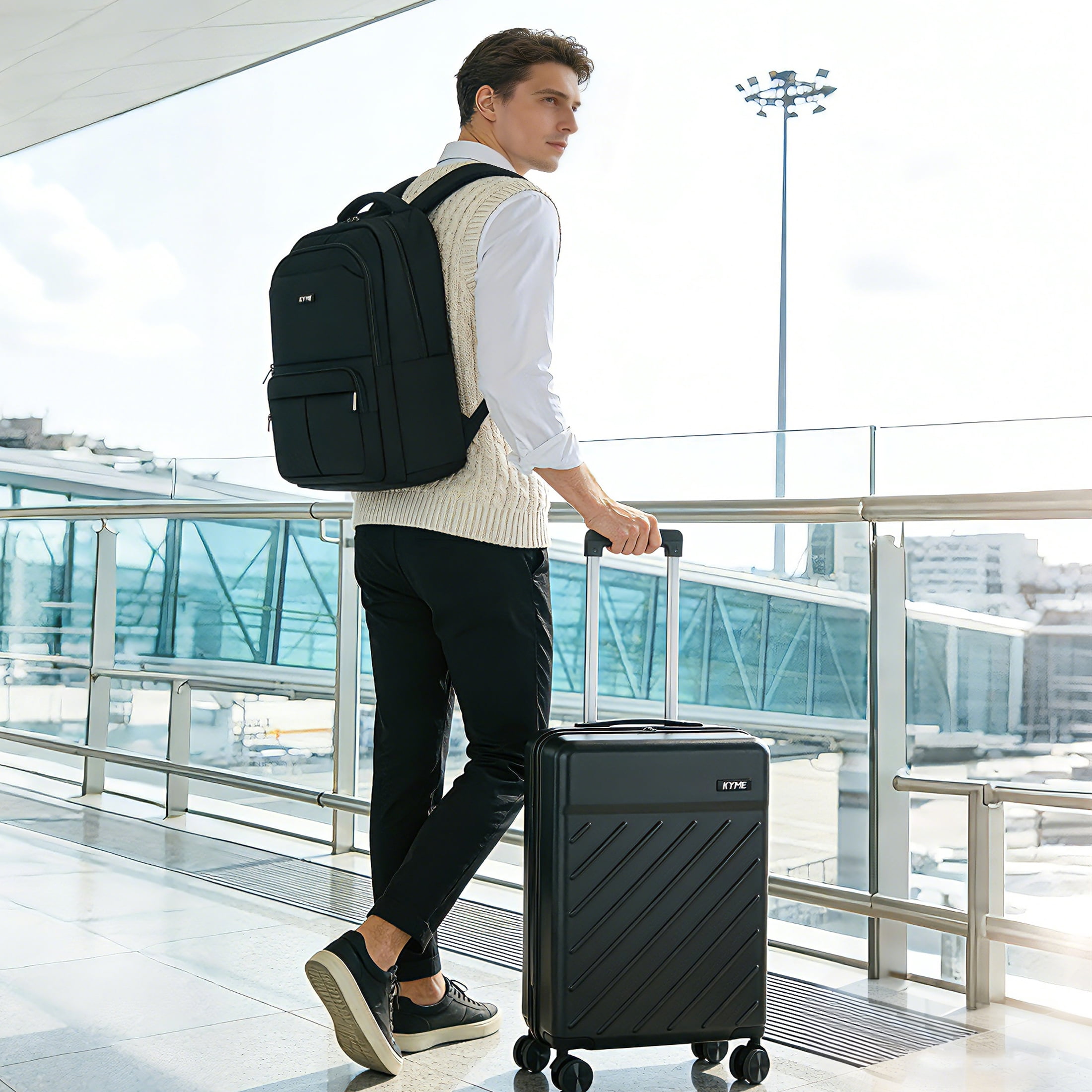 20" Hardside Carry-on Luggage, 2-Piece Set (Luggage and Backpack), Hardshell Suitcase with Divider Pockets, Four Multi-Directional Spinner Wheels, Scratch-Resistant Surface, Black
