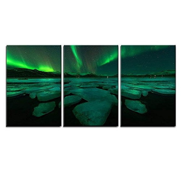 Wall26 3 Piece Canvas Wall Art - Northern Lights Aurora Borealis in the Night Sky over Beautiful Lake Landscape. - Modern Home Decor Stretched and Framed Ready to Hang - 24"x36"x3 Panels