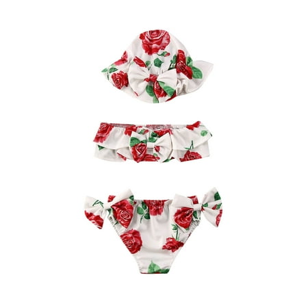 

3Pcs Infant Baby Girls Swimsuit Bathing Floral Striped Cami Shorts Swimming Suit Bikini Set Hat Summer Swimwear