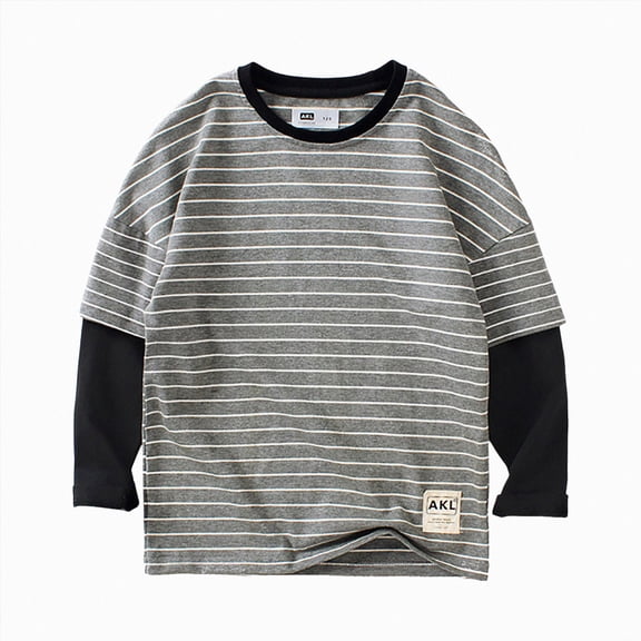 enyan Kids Boys Casual Striped Shirts Crewneck Long Sleeve Basic T-Shirt Basic Daily Work Stripe Tee Tops(Grey,10-11 Years)