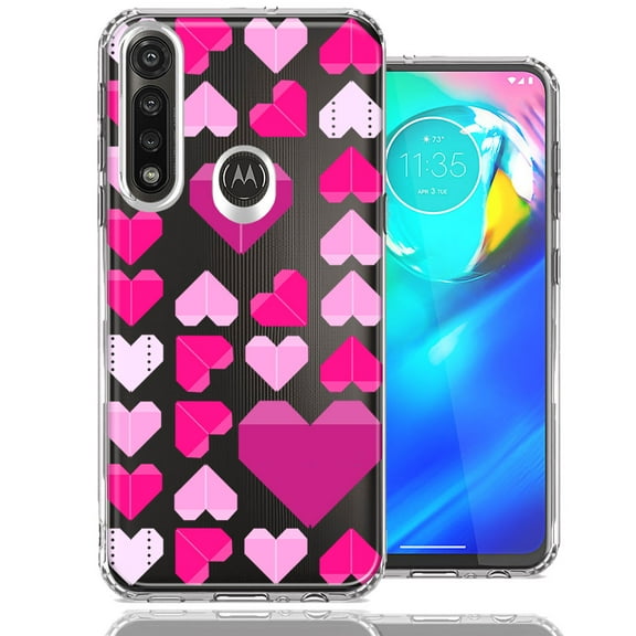 MUNDAZE for Motorola Moto G Power Pink Purple Origami Valentine's Day Polkadot Hearts Design Double Layer Phone Case Cover