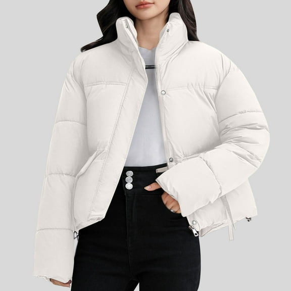 jtjvou Cropped Puffer Jacket for Women 2025 Warm Winter Quilted Coat Outerwear Solid Color Zip Up Short Puffy Coat White M
