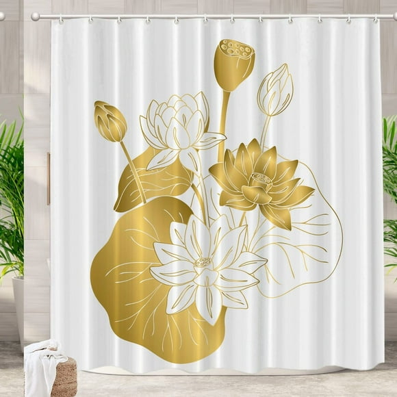 Golden Lotus Serenity Shower Curtain - Waterproof, Washable, Rust-Proof Grommets, 72x72 inches, Asian Flower Symbol for Peace, Decorative Bathroom Accessory