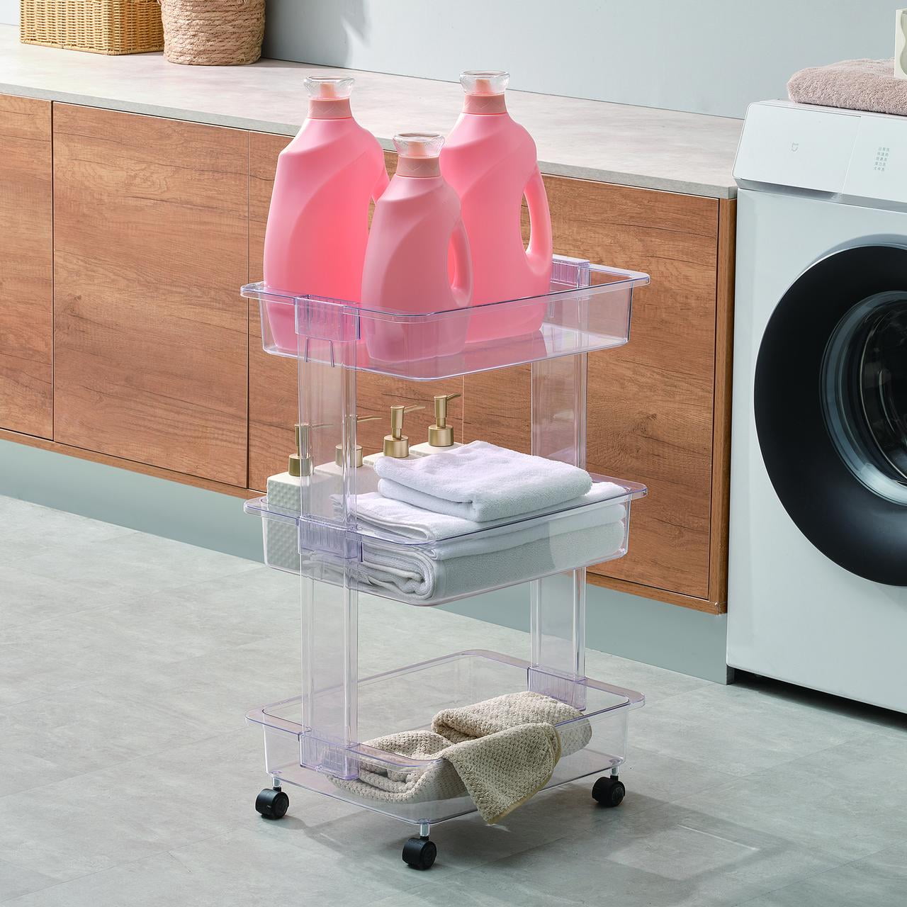 (4 pack) Mainstays 3 Tier Plastic Clear Laundry Storage Cart, Adult